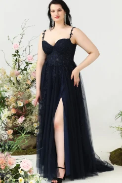 A Line Alças Espaguete Tamanho Grande Vestido de Baile Com Apliques