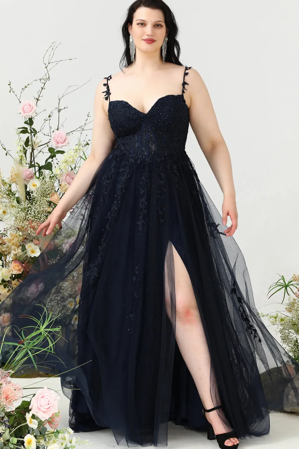A Line Alças Espaguete Tamanho Grande Vestido de Baile Com Apliques