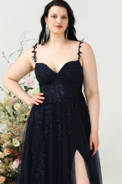 A Line Alças Espaguete Tamanho Grande Vestido de Baile Com Apliques