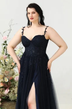 A Line Alças Espaguete Tamanho Grande Vestido de Baile Com Apliques