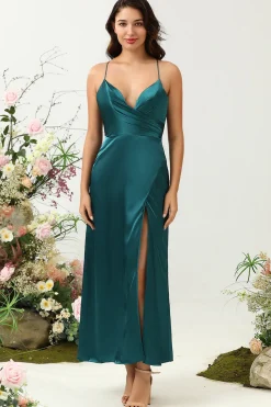 A Line Alças Espaguete Verde Escuro Vestido de Dama de Honor