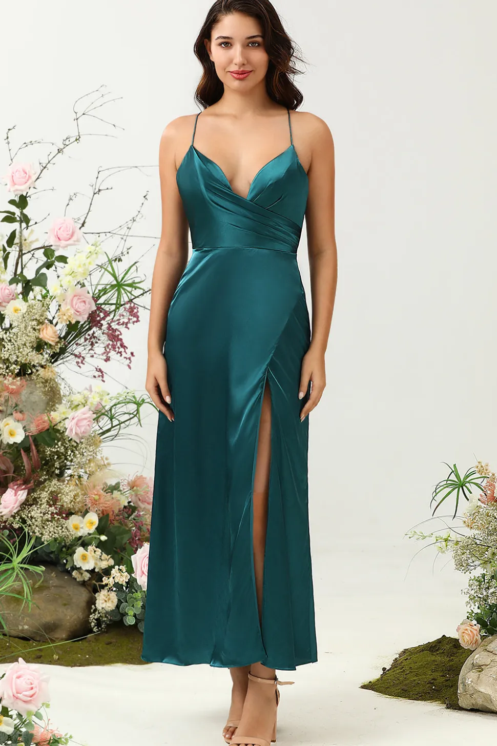 A Line Alças Espaguete Verde Escuro Vestido de Dama de Honor