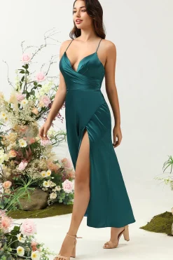 A Line Alças Espaguete Verde Escuro Vestido de Dama de Honor