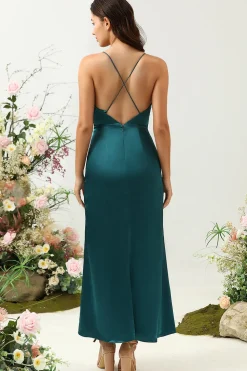 A Line Alças Espaguete Verde Escuro Vestido de Dama de Honor