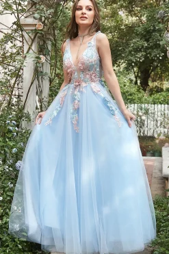 A Line Azul Claro Vestidos de Festa com Apliques