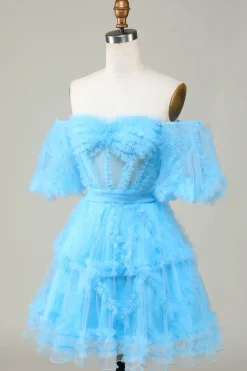 A Line Azul Tule Fora do Ombro Vestido de Cocktail