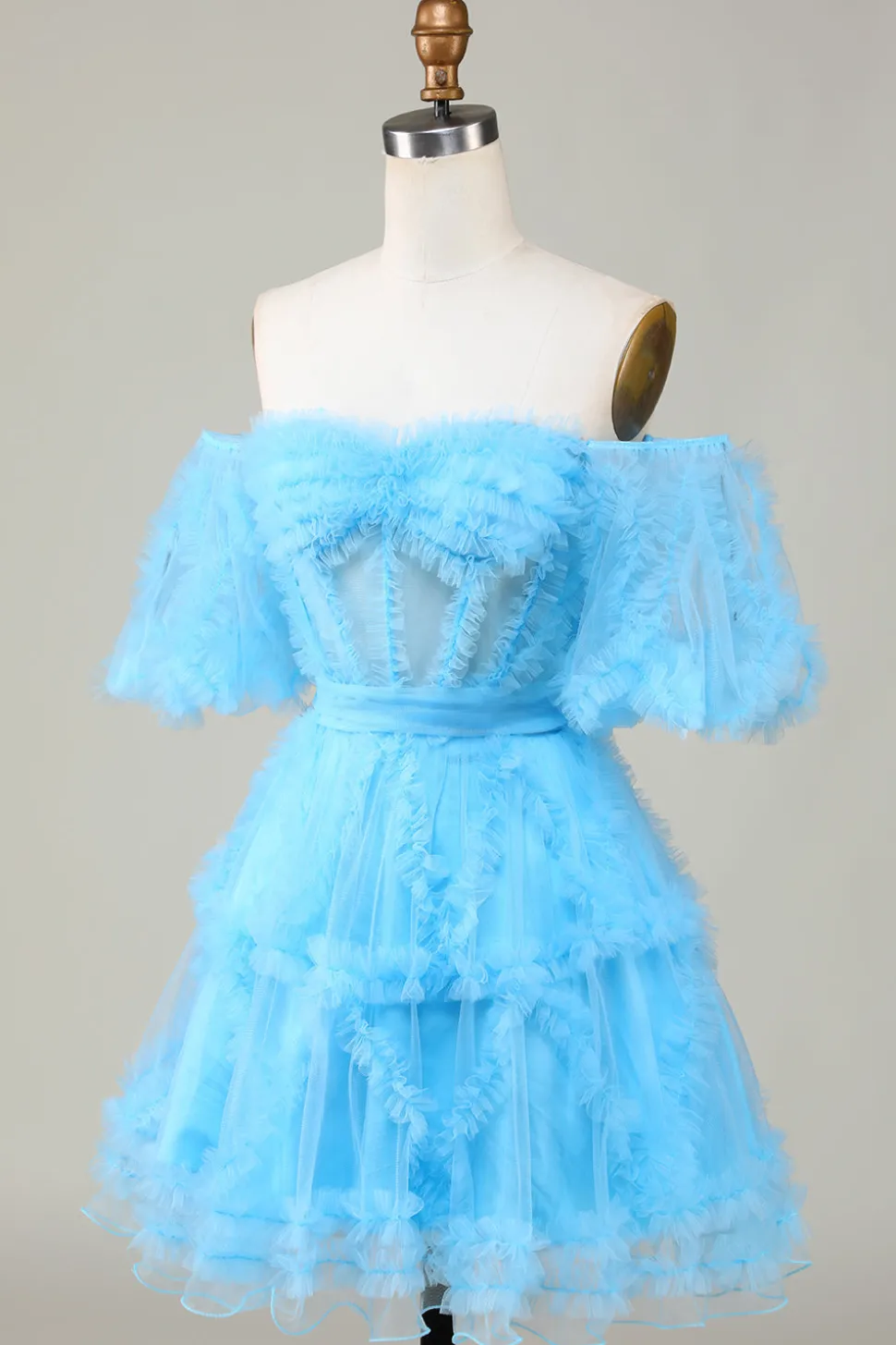 A Line Azul Tule Fora do Ombro Vestido de Cocktail