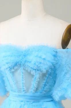 A Line Azul Tule Fora do Ombro Vestido de Cocktail