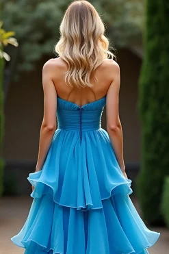 A Line Blue Sweetheart babado vestido de baile de formatura em camadas