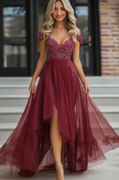 A Line Borgonha Off The Shoulder Appliqued Tulle Mãe do Vestido da Noiva