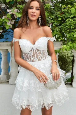 A Line Branco Vestido de Cocktail Curto