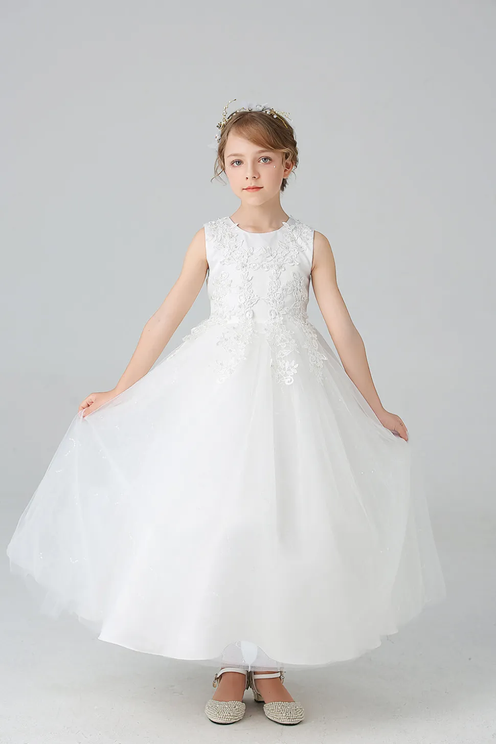 A Line Branco Vestido de Meninas Com Apliques