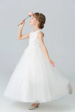 A Line Branco Vestido de Meninas Com Apliques