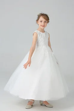 A Line Branco Vestido de Meninas Com Apliques