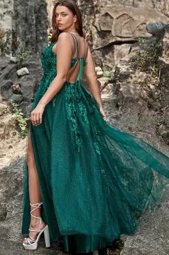 A Line Cintas de Espaguete Verde Escuro Vestido Cerimónia Com Apliques