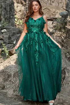 A Line Cintas de Espaguete Verde Escuro Vestido Cerimónia Com Apliques