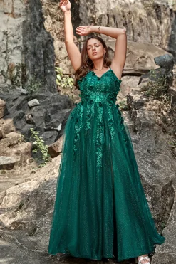 A Line Cintas de Espaguete Verde Escuro Vestido Cerimónia Com Apliques