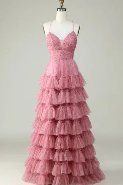 A Line Cintas de Espaguete Rosa Tule Vestido de Baile Estampado Floral