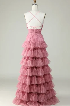 A Line Cintas de Espaguete Rosa Tule Vestido de Baile Estampado Floral