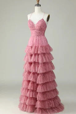 A Line Cintas de Espaguete Rosa Tule Vestido de Baile Estampado Floral