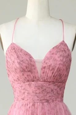 A Line Cintas de Espaguete Rosa Tule Vestido de Baile Estampado Floral