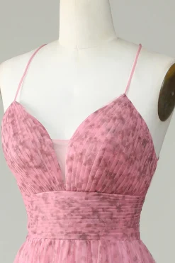 A Line Cintas de Espaguete Rosa Tule Vestido de Baile Estampado Floral