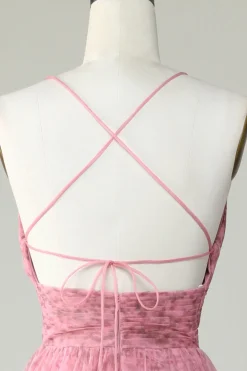 A Line Cintas de Espaguete Rosa Tule Vestido de Baile Estampado Floral