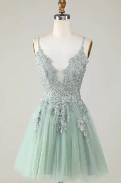 A Line Cintas de Espaguete Verde Vestido de Cocktail com Apliques