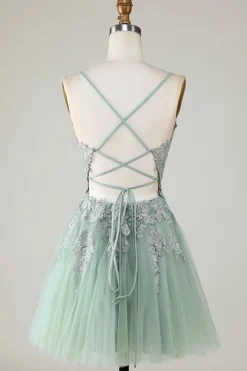 A Line Cintas de Espaguete Verde Vestido de Cocktail com Apliques