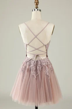 A Line Cintas de Espaguete Verde Vestido de Cocktail com Apliques