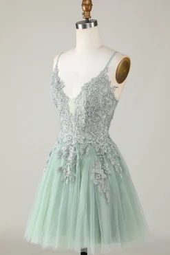 A Line Cintas de Espaguete Verde Vestido de Cocktail com Apliques