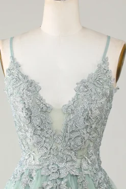 A Line Cintas de Espaguete Verde Vestido de Cocktail com Apliques