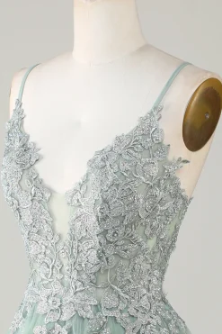 A Line Cintas de Espaguete Verde Vestido de Cocktail com Apliques