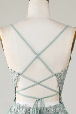 A Line Cintas de Espaguete Verde Vestido de Cocktail com Apliques