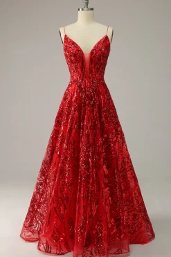 A Line Cintas de Espaguete Borgonha Vestido de Noite