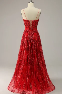 A Line Cintas de Espaguete Borgonha Vestido de Noite