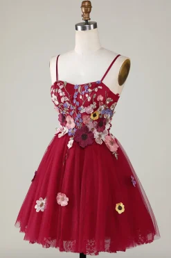 A Line Cintas de Espaguete Borgonha Vestido de Cocktail
