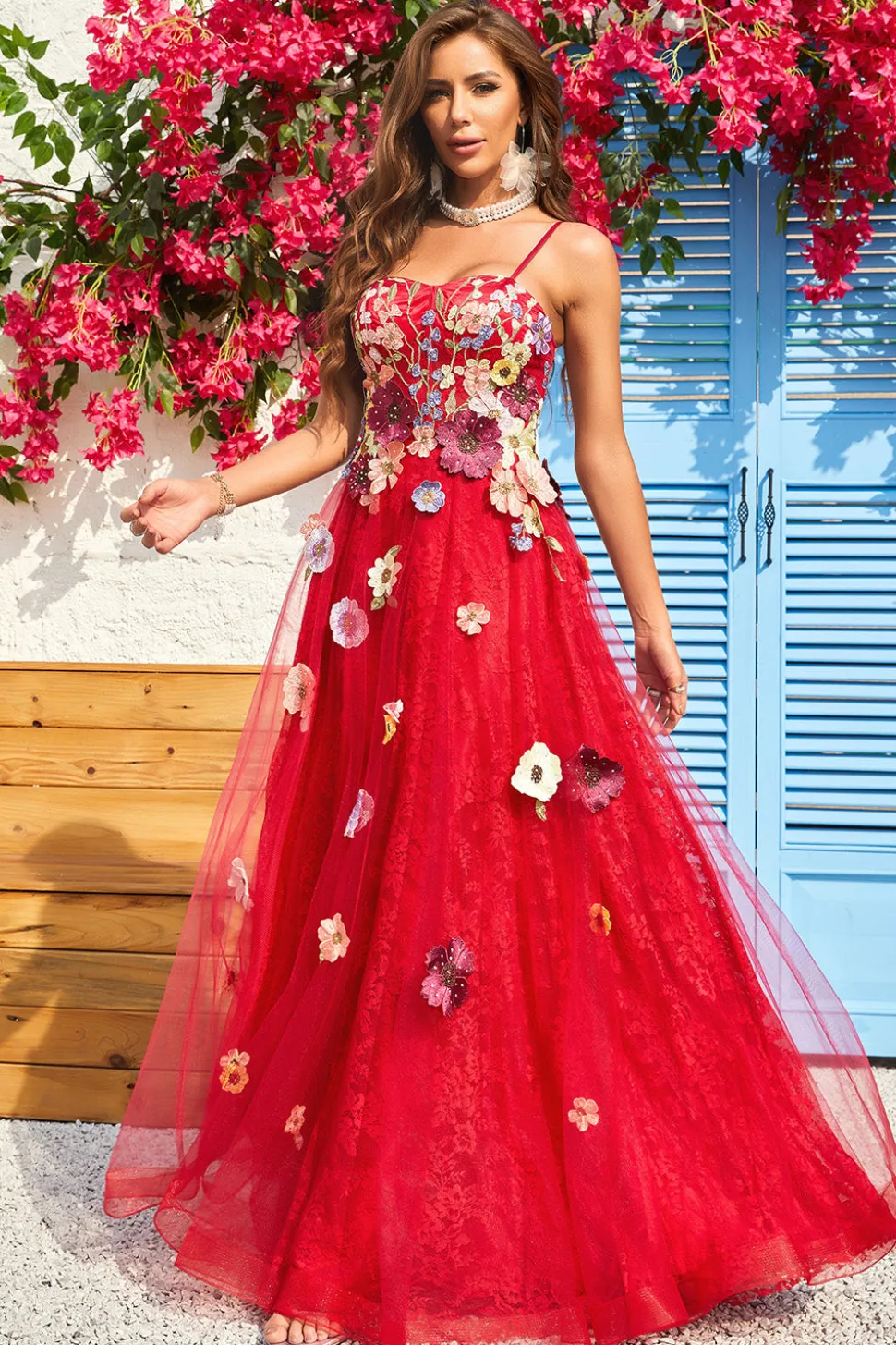 A Line Cintas de Espaguete Borgonha Vestido de Baile com Apliques
