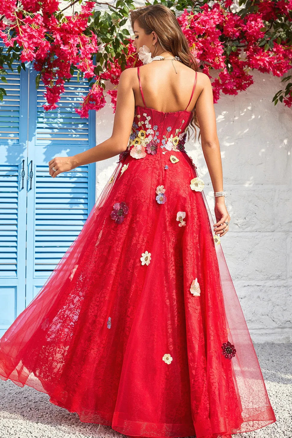 A Line Cintas de Espaguete Borgonha Vestido de Baile com Apliques