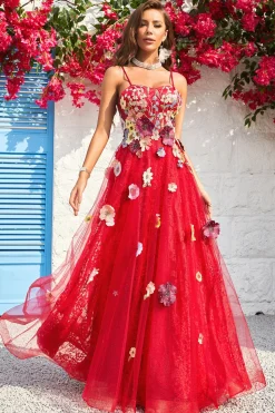 A Line Cintas de Espaguete Borgonha Vestido de Baile com Apliques