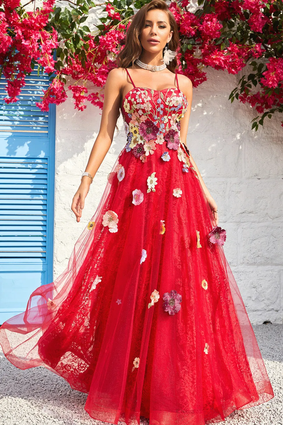 A Line Cintas de Espaguete Borgonha Vestido de Baile com Apliques