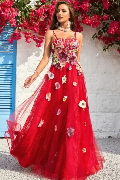 A Line Cintas de Espaguete Borgonha Vestido de Baile com Apliques