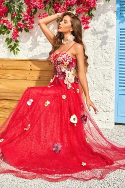 A Line Cintas de Espaguete Borgonha Vestido de Baile com Apliques