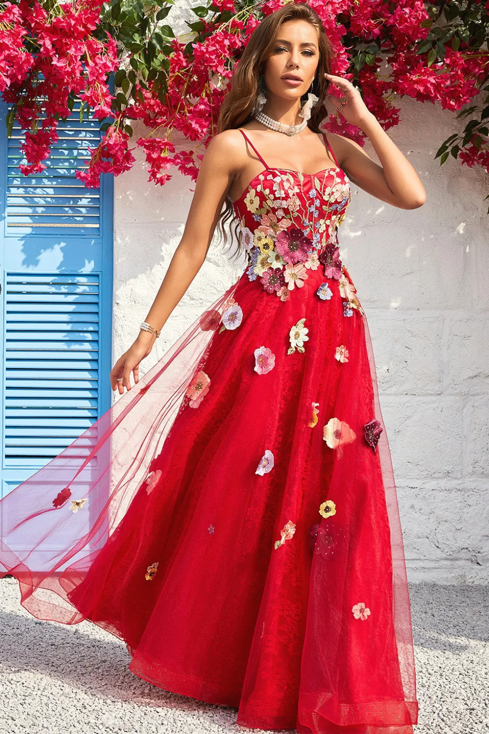 A Line Cintas de Espaguete Borgonha Vestido de Baile com Apliques