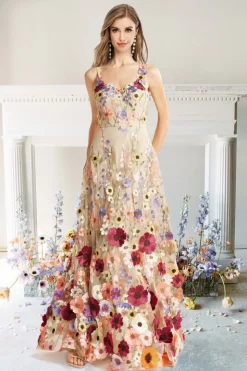 A Line Cintas de Espaguete Champanhe Vestido de Fiesta com Apliques