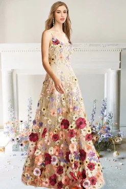 A Line Cintas de Espaguete Champanhe Vestido de Fiesta com Apliques
