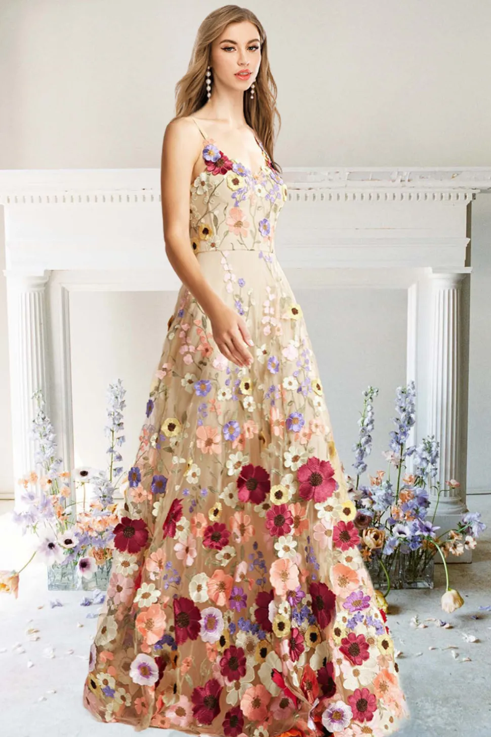 A Line Cintas de Espaguete Champanhe Vestido de Fiesta com Apliques