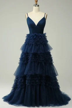 A Line Cintas de Espaguete Azul Marinha Vestido de Noite