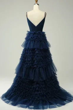 A Line Cintas de Espaguete Azul Marinha Vestido de Noite