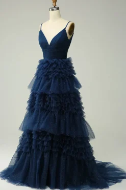 A Line Cintas de Espaguete Azul Marinha Vestido de Noite